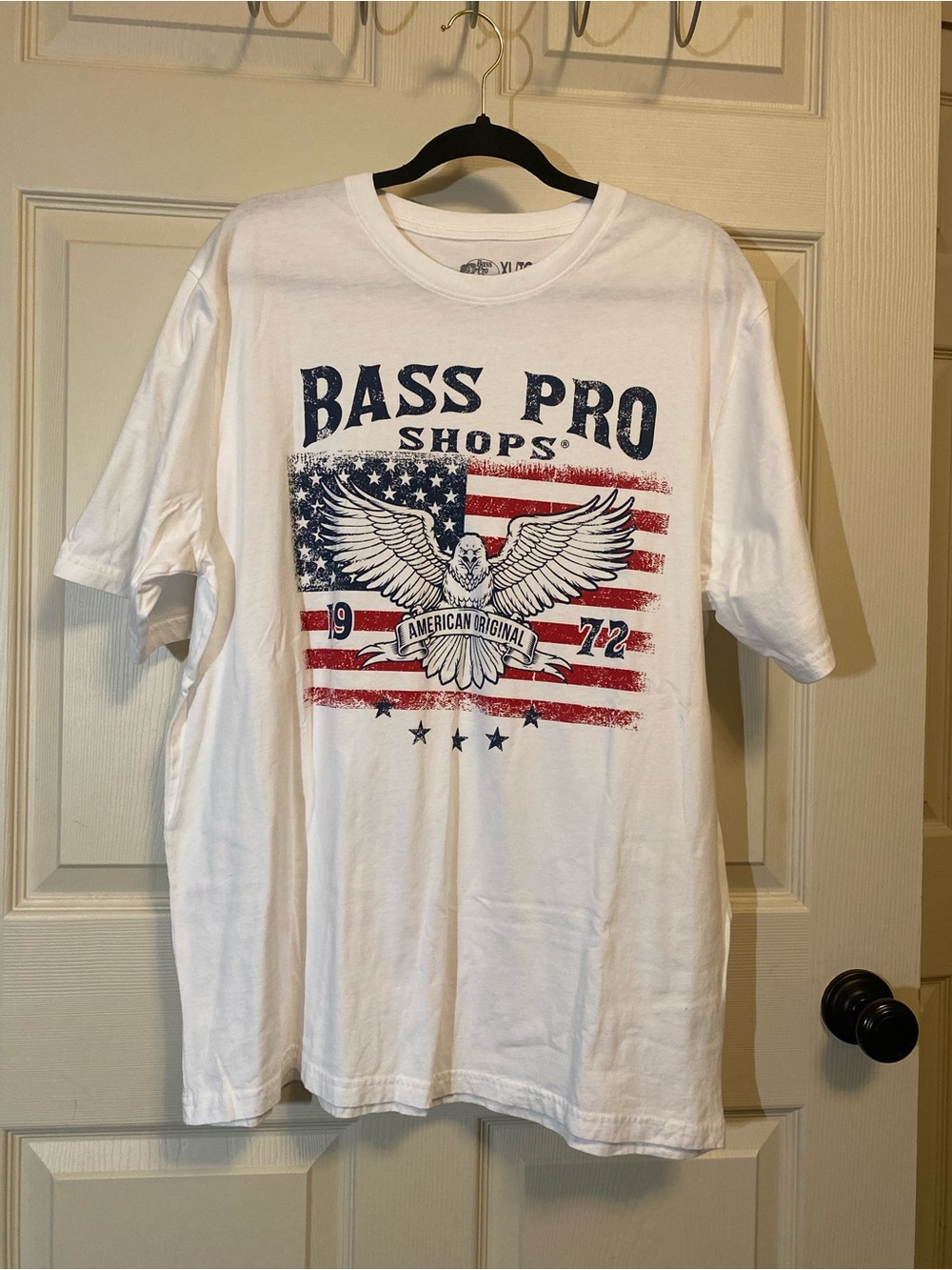 Bass Pro Shops White Short Sleeve Tee with Red & Blue Eagle Flag Graphic